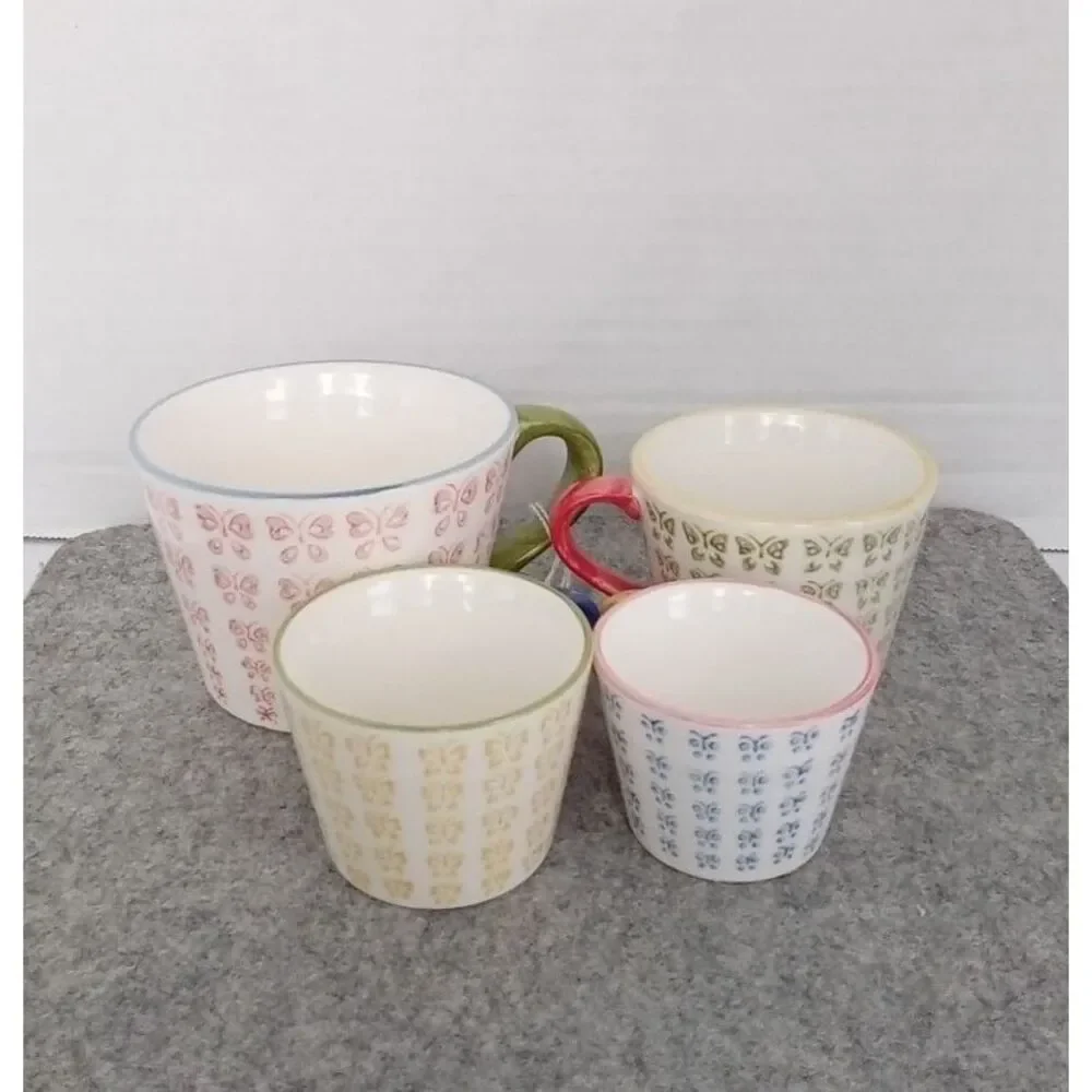 Pier 1 Imports Butterfly Pattern Ceramic Cups Set -‎ Colorful Handles - Vintage